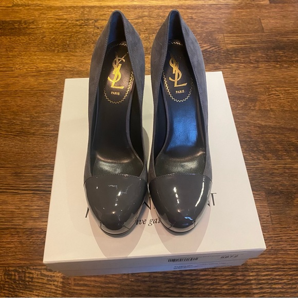 Yves Saint Laurent Rive Gauche Patent Grey/Suede Tribtoo Cap Pumps US 36.5 - Picture 2 of 9